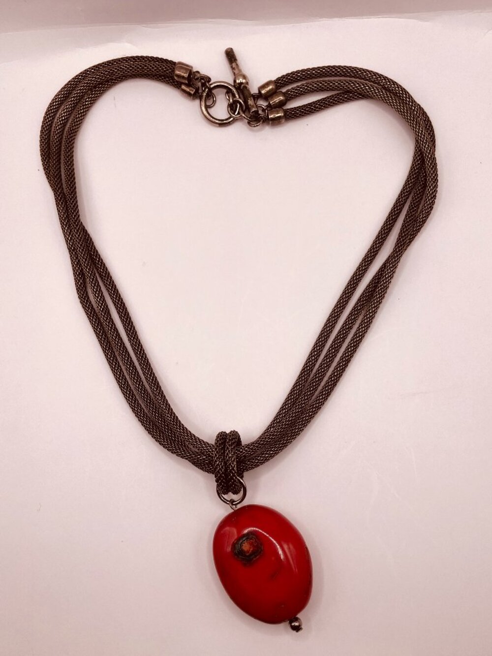 Vintage tri-strand mesh necklace with a prominent red stone pendant ~18"